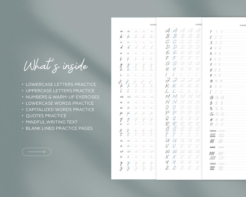 A calligraphy practice workbook and a list of practice exercises. The workbook pages display lowercase and uppercase letters, numbers, and quotes. The pages are lined for guided writing practice. tracing practice,handwriting, handwritting sheets, cursive letters