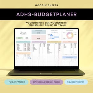 Könnte beinhalten: Ein Laptop mit einem Google Sheets Budgetplaner. Der Bildschirm zeigt eine Tabelle mit Diagrammen und Datentabellen. Der Text "ADHS-BUDGETPLANER" und "GOOGLE SHEETS" sind sichtbar. Unter dem Bildschirm befinden sich drei farbige Buttons mit deutschem Text.