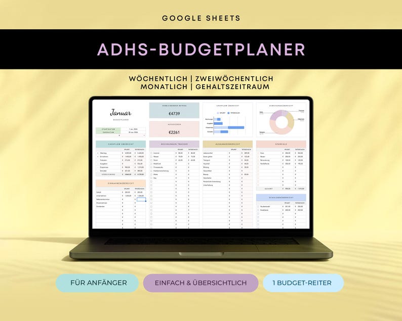 May include: A laptop displaying a Google Sheets budget planner. The screen shows a spreadsheet with various charts and data tables. Text at the top reads "ADHS-BUDGETPLANER" and "GOOGLE SHEETS". Below the screen are three colored buttons with German text.