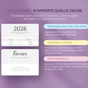 May include: A digital planner interface against a purple backdrop. The interface shows a couple's budget for 2026, a February budget, and options to personalise with names, change currency, and add monthly notes. Text in French.