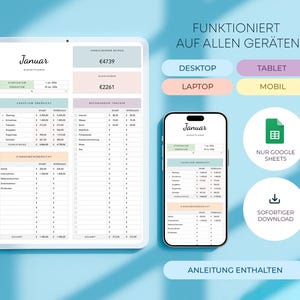 May include: A digital budget planner displayed on a tablet and a smartphone. The tablet shows a detailed financial spreadsheet with the title "Januar". The smartphone displays the same spreadsheet. Text on the image includes "FUNKTIONIERT AUF ALLEN GER&Auml;TEN" and "NUR GOOGLE SHEETS".