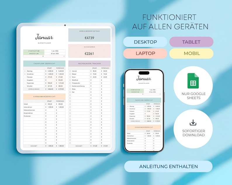 May include: A digital budget planner displayed on a tablet and a smartphone. The tablet shows a detailed financial spreadsheet with the title "Januar". The smartphone displays the same spreadsheet. Text on the image includes "FUNKTIONIERT AUF ALLEN GER&Auml;TEN" and "NUR GOOGLE SHEETS".