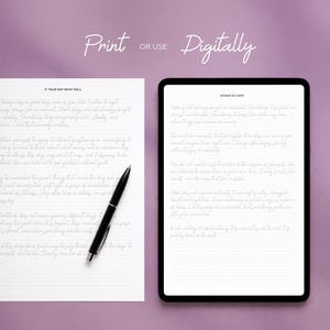 May include: A digital tablet and a sheet of paper with handwritten text on a purple background. The paper has the text "If Your Day Went Well" and the tablet has the text "Words of Hope". A black pen rests on the paper.