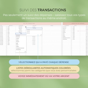 May include: A digital spreadsheet titled "SUIVI DES TRANSACTIONS" is shown, displaying financial data with drop-down menus and colour-coded categories. The French text highlights features like expense tracking and transaction types, offering a visual guide.