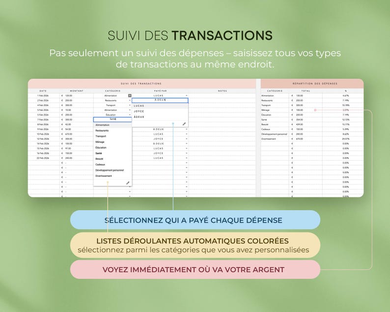 May include: A digital spreadsheet titled "SUIVI DES TRANSACTIONS" is shown, displaying financial data with drop-down menus and colour-coded categories. The French text highlights features like expense tracking and transaction types, offering a visual guide.