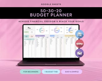 Peut inclure: Un ordinateur portable affiche un modèle de planificateur budgétaire 50-30-20 dans Google Sheets. L'écran présente des graphiques et des tableaux de données avec le texte « Atteignez la liberté financière et atteignez vos objectifs ». Le bas de l'écran affiche « Pour les débutants », « 1 onglet budgétaire » et « Facile et simple ».
