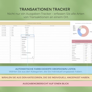 May include: A digital expense tracker with a spreadsheet interface, featuring a pie chart and data tables. The text reads "TRANSAKTIONEN TRACKER" and describes the tracker's functionality. Colorful buttons highlight features like dropdown lists and expense summaries.