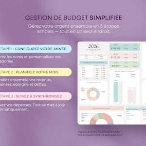 May include: A digital financial planning template with a purple gradient background. The image features a spreadsheet with financial data, charts, and the year 2026. Text in French describes the steps to manage finances: configure your year, plan your month, and track and synchronise.