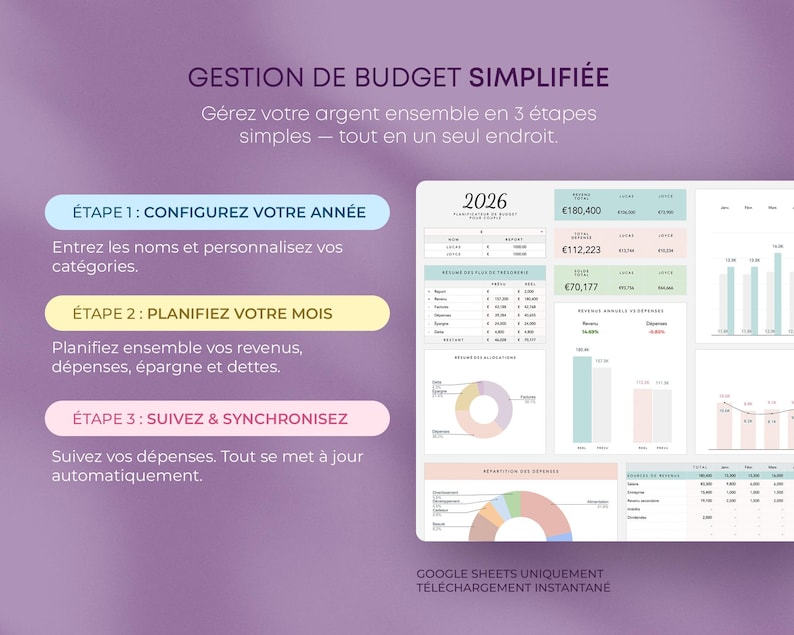 May include: A digital financial planning template with a purple gradient background. The image features a spreadsheet with financial data, charts, and the year 2026. Text in French describes the steps to manage finances: configure your year, plan your month, and track and synchronise.