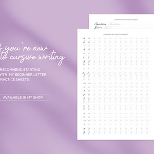 May include: Two white handwriting practice sheets with cursive letter examples on a purple background. The text "If you're new to cursive writing" and "I recommend starting with my beginner letter practice sheets" are visible.