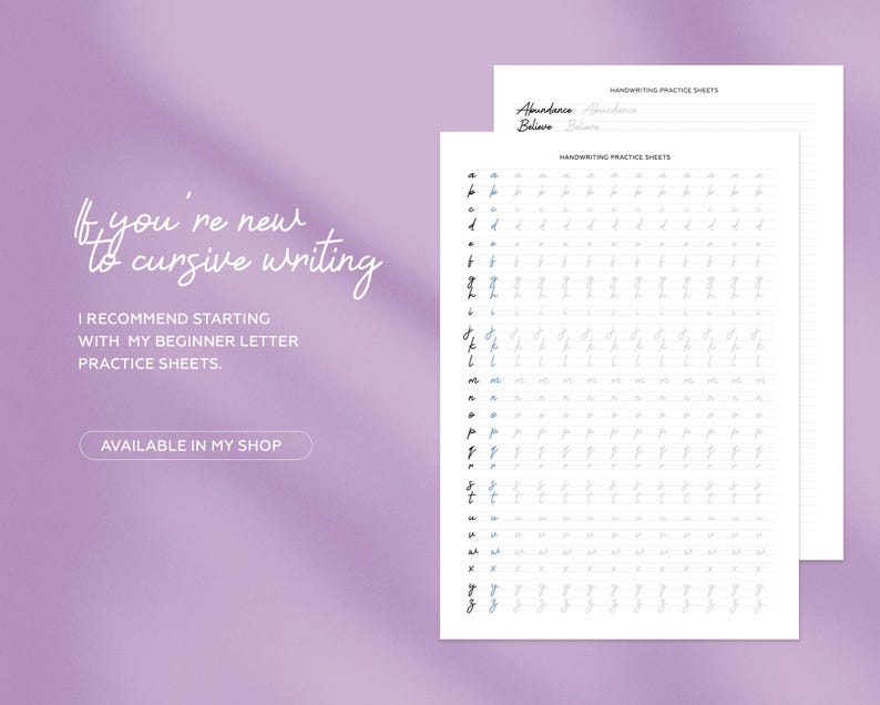 May include: Two white handwriting practice sheets with cursive letter examples on a purple background. The text "If you're new to cursive writing" and "I recommend starting with my beginner letter practice sheets" are visible.