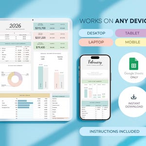 May include: A digital budget planner displayed on a tablet and smartphone. The tablet shows a detailed financial dashboard with charts and figures. The smartphone displays a monthly budget summary. Text includes "2026", "Works on Any Device", and "Instant Download".