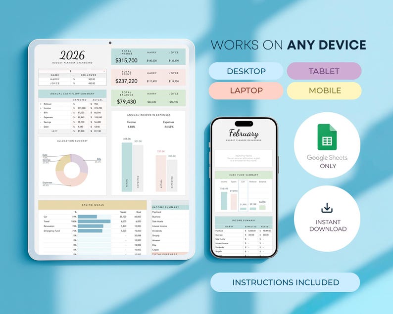 May include: A digital budget planner displayed on a tablet and smartphone. The tablet shows a detailed financial dashboard with charts and figures. The smartphone displays a monthly budget summary. Text includes "2026", "Works on Any Device", and "Instant Download".