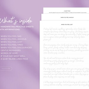 May include: A stack of white handwriting practice sheets with affirmations, including prompts for when feeling sad, anxious, or lost. The sheets are on a purple background with the words "What's inside" in cursive.