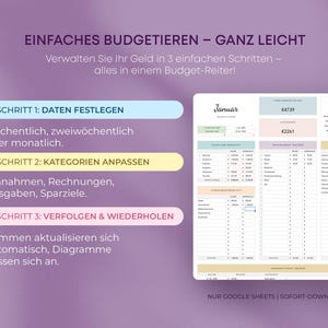 May include: A digital budgeting template with the text "EINFACHES BUDGETIEREN - GANZ LEICHT" and instructions in German. The template includes sections for income, expenses, and savings, with a focus on tracking finances in Google Sheets.