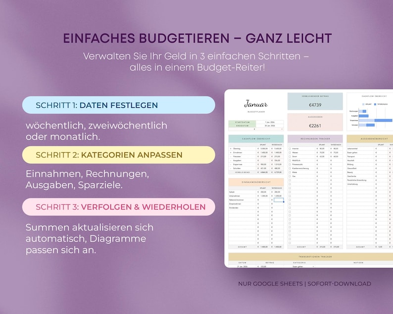 May include: A digital budgeting template with the text "EINFACHES BUDGETIEREN - GANZ LEICHT" and instructions in German. The template includes sections for income, expenses, and savings, with a focus on tracking finances in Google Sheets.