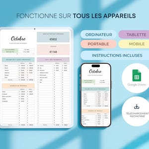 May include: A digital budget planner displayed on a tablet and smartphone, with the word "Octobre" at the top. The image includes the text "FONCTIONNE SUR TOUS LES APPAREILS" and icons for Google Sheets and instant download.