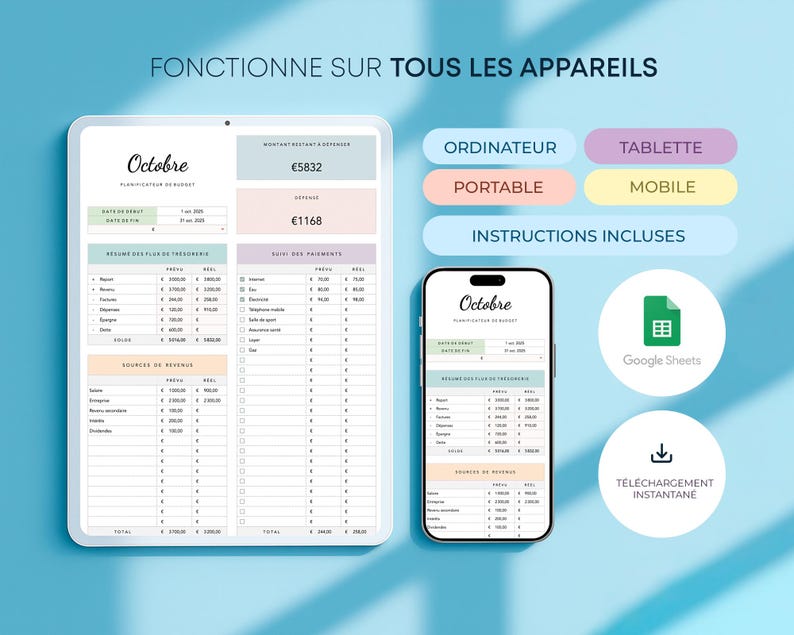 May include: A digital budget planner displayed on a tablet and smartphone, with the word "Octobre" at the top. The image includes the text "FONCTIONNE SUR TOUS LES APPAREILS" and icons for Google Sheets and instant download.