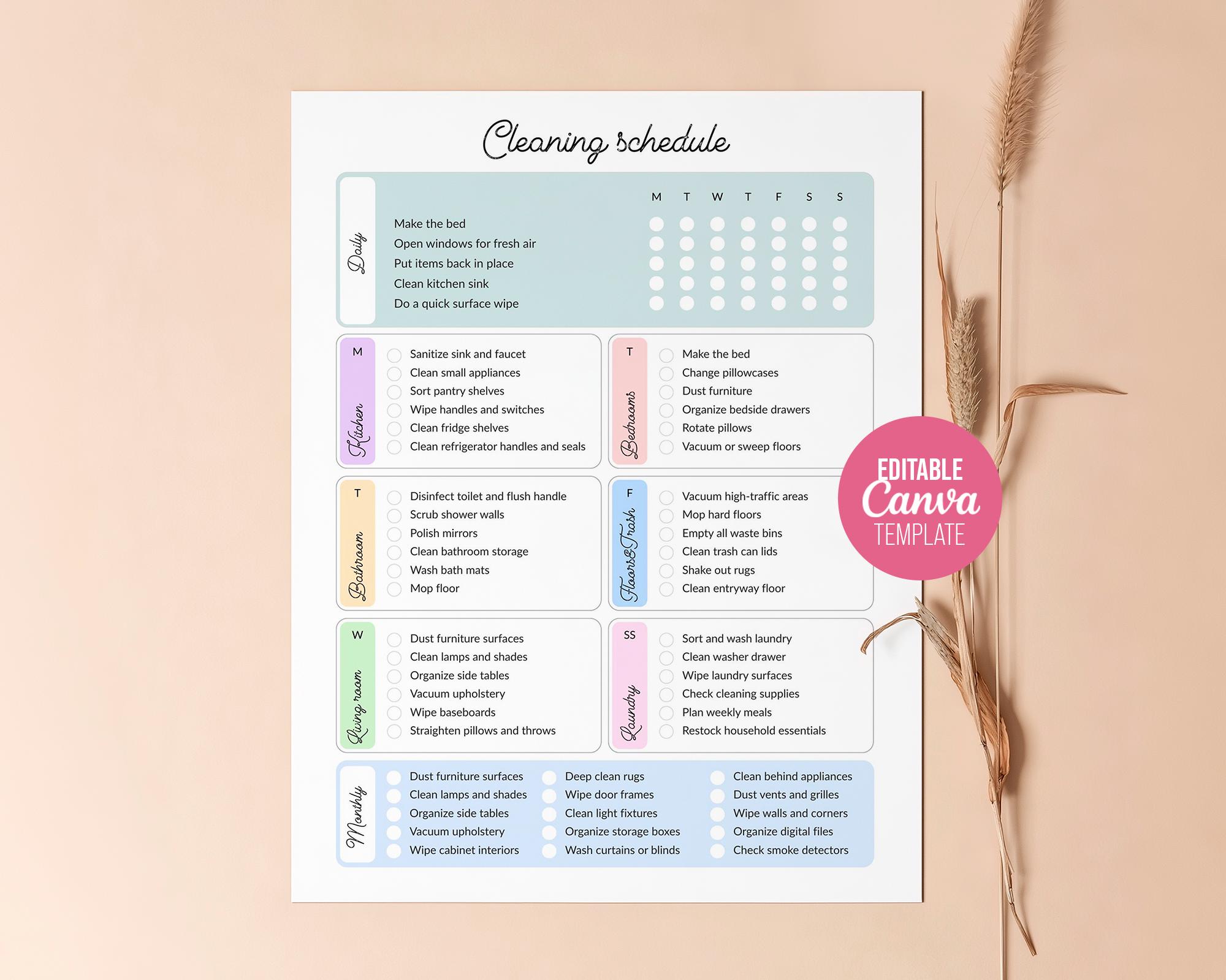 Editable ADHD Cleaning Schedule Checklist, Printable Daily, Weekly ...