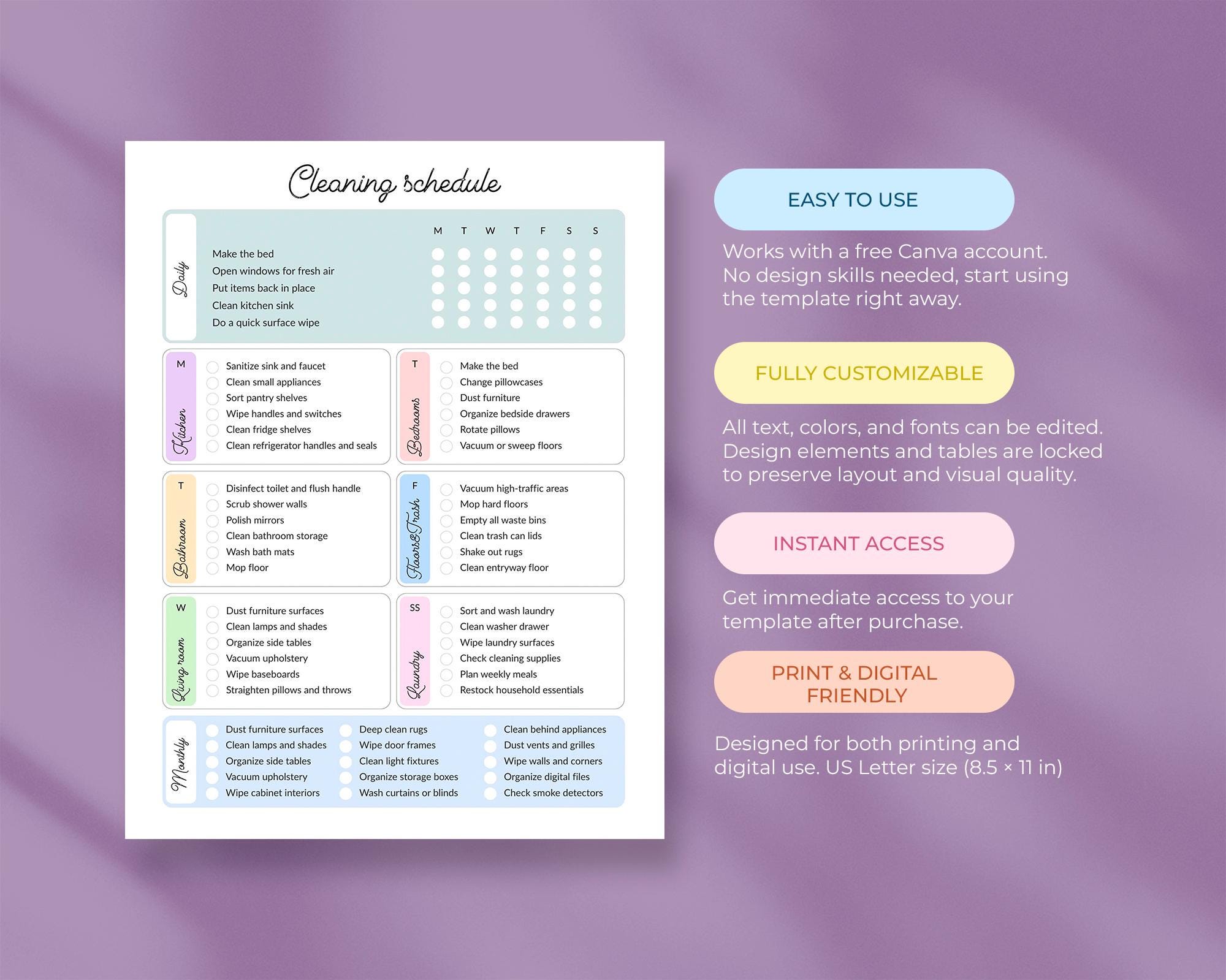 Editable ADHD Cleaning Schedule Checklist, Printable Daily, Weekly ...