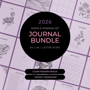 May include: A collection of journal pages with a light purple background and floral illustrations. The central design features a black circle with the text "2026 JOURNAL BUNDLE" in pink and white. Includes "CLEAN MODERN DESIGN" and "INSTANT DOWNLOAD" text.