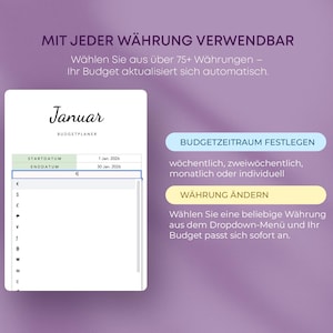 May include: A digital budget planner interface with the month of January displayed. The interface includes options to set the budget period and change the currency. Text in German reads "With every currency usable".