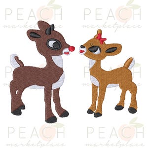 May include: Two embroidered reindeer, one brown with a red nose and the other tan with a red bow. The reindeer are facing each other, with the brown reindeer on the left and the tan reindeer on the right. The image has a Christmas theme.