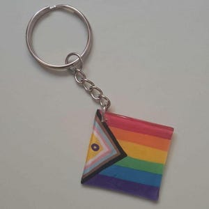 May include: A keyring with a silver ring and chain. The pendant is a square with a rainbow design and a triangle with a circle in the centre. The colours include red, orange, yellow, green, blue, and purple.