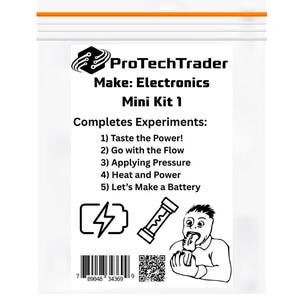 Puede incluir: Una bolsa de plástico transparente etiquetada como "ProTechTrader Make: Electronics Mini Kit 1". El kit incluye experimentos como "Taste the Power!" y "Let's Make a Battery". La bolsa presenta un rayo, un fusible y una persona.