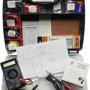 May include: An electronics kit by ProTechTrader in a clear plastic case. The kit contains a digital multimeter, soldering iron, wires, a breadboard, and a power adapter. The case has a handle and several compartments.
