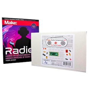 May include: A book titled "Radio: Hands-On Adventures in the Hidden Universe of Radio" next to a white box labeled "Make: Radio Component Kit" with various electronic components. The book cover is purple and black.