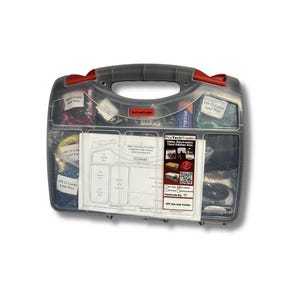 May include: A clear plastic toolbox with a gray handle and red latches, filled with spools of colored wire and electronic components. The box contains a printed sheet with diagrams and the text "ProTechTrader Make Electronics Third Edition Kits".