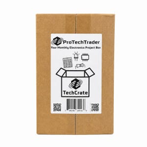 May include: A rectangular brown cardboard shipping box featuring a white label with the ProTechTrader logo and the text Your Monthly Electronics Project Box. The label displays a TechCrate graphic, electronic components, a barcode, and QR codes.
