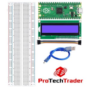 May include: A Raspberry Pi Pico microcontroller board, a rectangular LCD screen with a blue display, a white breadboard with numbered rows, a multi-colored ribbon cable, and a blue USB cable. The ProTechTrader logo and text are visible below.