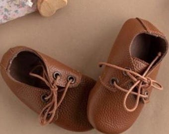 Brown Leather Baby Moccasins: Soft Sole Newborn Booties