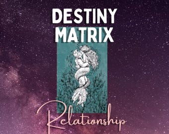 Może przedstawiać: Cyfrowa grafika z gwieździstym fioletowo-czarnym tłem galaktyki. Tekst brzmi SOLUNA DIVINA, DESTINY MATRIX, Relationship oraz Want to know what it will take to meet your future king? Centralna turkusowa karta przedstawia dwie postacie w uścisku.