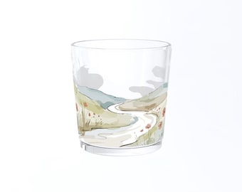 Yorkshire Countryside Stemless Glass Tumbler, Robin & Poppies Design, Whisky Cocktail Glass