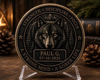 May include: A circular bronze-toned medallion featuring a detailed wolf head relief, pine trees, and mountains. The text reads STRENGTH, DISCIPLINE, FOCUS, A STRONG MIND, A SOBER LIFE, PAUL G., and 07-16-2025. The medallion rests on a clear plastic stand.