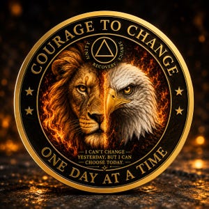 Pode incluir: Um medalhão circular com o rosto dividido de um leão e uma águia rodeado por chamas. O texto diz COURAGE TO CHANGE, UNITY SERVICE RECOVERY e ONE DAY AT A TIME. Também inclui a frase I CAN'T CHANGE YESTERDAY, BUT I CAN CHOOSE TODAY.