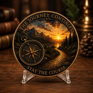 Peut inclure: Un médaillon circulaire de couleur bronze représentant un paysage avec un coucher de soleil, des montagnes et un chemin. Une boussole est en relief sur le côté gauche. Le texte indique THE JOURNEY CONTINUES et STAY THE COURSE.
