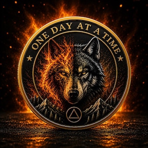 May include: A round, black and gold coin featuring a wolf with one side engulfed in flames and the other side in shadow. The text "ONE DAY AT A TIME" is inscribed around the edge. A mountain range and a triangle symbol are at the bottom.