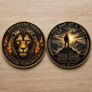 Puede incluir: Dos monedas circulares con borde dorado. La moneda izquierda muestra la cara de un le&oacute;n rodeada de llamas con el texto DISCIPLINE TODAY SUCCESS TOMORROW. La moneda derecha muestra a una persona en la cima de una monta&ntilde;a al atardecer con ONE DAY AT A TIME, YOUR NAME, KEEP GOING STAY STRONG RECOVERY IS POSSIBLE, EST. 2024.