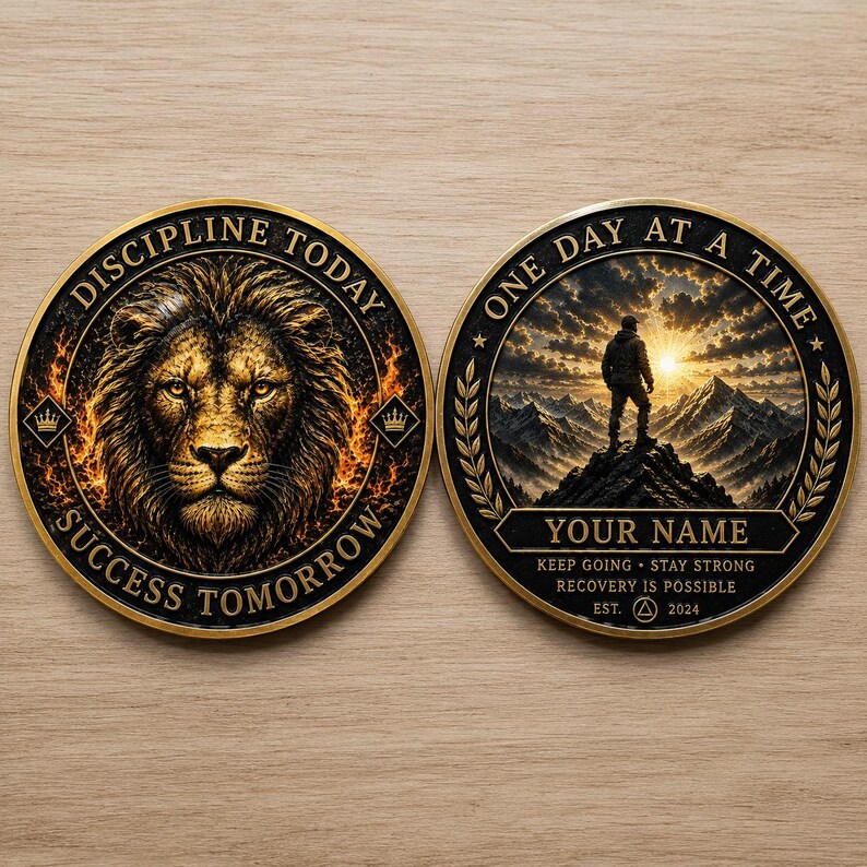 Puede incluir: Dos monedas circulares con borde dorado. La moneda izquierda muestra la cara de un le&oacute;n rodeada de llamas con el texto DISCIPLINE TODAY SUCCESS TOMORROW. La moneda derecha muestra a una persona en la cima de una monta&ntilde;a al atardecer con ONE DAY AT A TIME, YOUR NAME, KEEP GOING STAY STRONG RECOVERY IS POSSIBLE, EST. 2024.