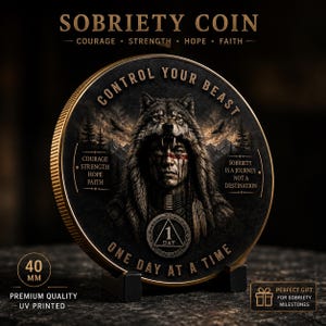Personalized Sobriety Coin, Custom Recovery Coin, Wolf Native American AA Coin, 1 Day Recovery Chip, 19 Years Sobriety Gift, One Day At A Ti