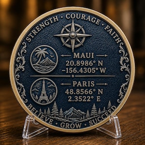 Custom Coordinates Coin, Personalized Latitude Longitude Gift, Paris Coordinates, Maui Coordinates, Custom Challenge Coin, Anniversary Gift