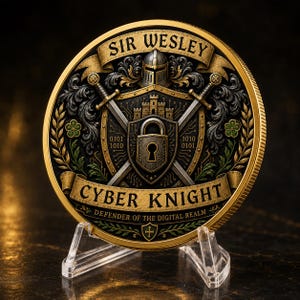 May include: A circular gold-toned commemorative coin featuring a central shield with a padlock, a castle, and binary code. The text reads SIR WESLEY, CYBER KNIGHT, and DEFENDER OF THE DIGITAL REALM. It includes a knight's helmet and crossed swords.