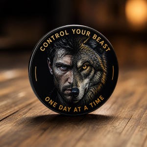 May include: A round, black coin with a split image of a man and a wolf. The man has a stern expression, and the wolf has a piercing yellow eye. The coin reads "CONTROL YOUR BEAST" and "ONE DAY AT A TIME" in gold lettering.