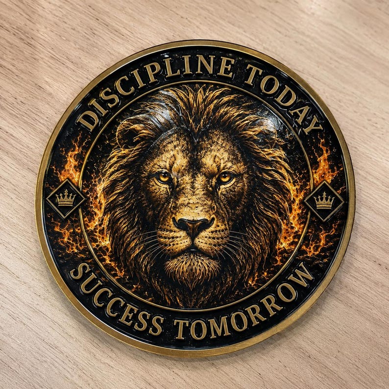 Moneda de disciplina del león, moneda de desafío de fortaleza mental, ficha de motivación para el éxito, regalo de autocontrol, moneda de coraje personalizada para hombres imagen 1