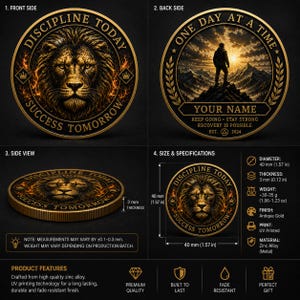 Puede incluir: Una moneda redonda de metal dorado antiguo que mide 40 mm de di&aacute;metro y 3 mm de grosor. El frente presenta una cara de le&oacute;n con el texto DISCIPLINE TODAY SUCCESS TOMORROW. El reverso muestra a una persona en una monta&ntilde;a con ONE DAY AT A TIME.