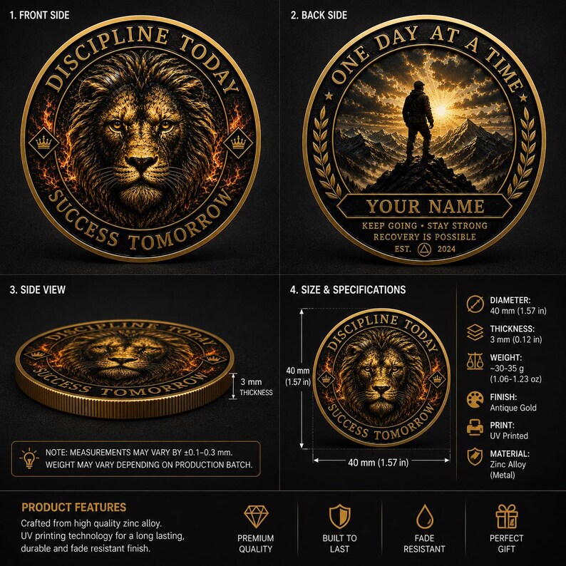 Puede incluir: Una moneda redonda de metal dorado antiguo que mide 40 mm de di&aacute;metro y 3 mm de grosor. El frente presenta una cara de le&oacute;n con el texto DISCIPLINE TODAY SUCCESS TOMORROW. El reverso muestra a una persona en una monta&ntilde;a con ONE DAY AT A TIME.